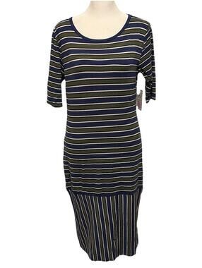 New LuLaRoe Pink & Blue Striped Bodycon Julia Half Sleeve Dress Size M (8-10)